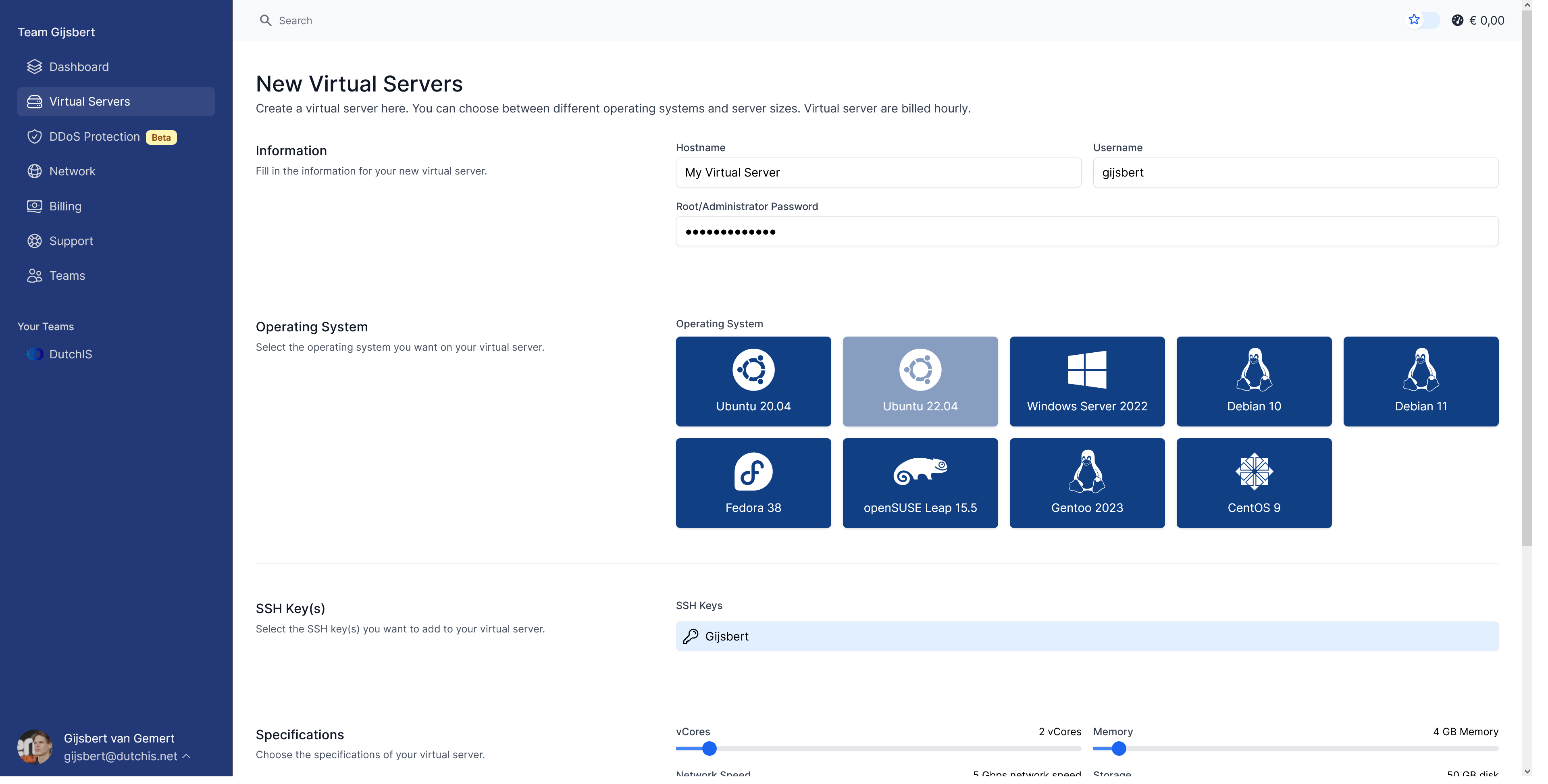 virtual server creation page